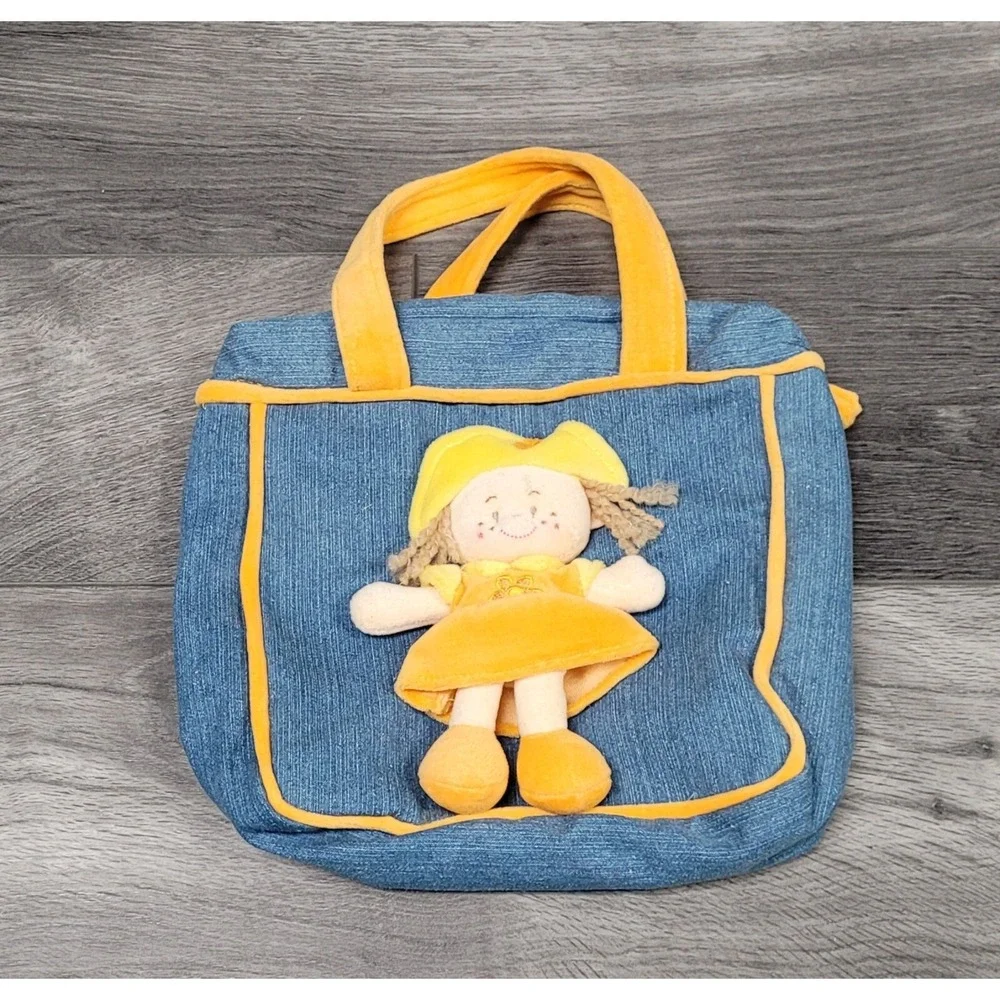 Kids Denim Like Cloth Purse/Bag With Girl Wearing Orange Dress On the Front